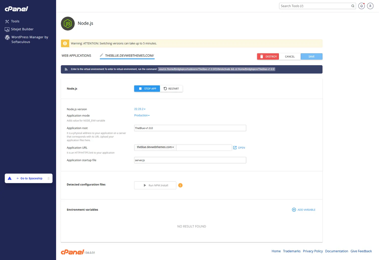 cPanel Node.js application configuration